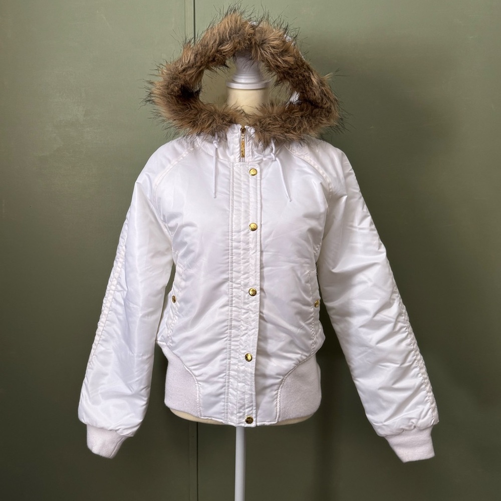 Y2K Southpole Juniors XL White Puffer Jacket Faux Fur Hood Gold Buttons